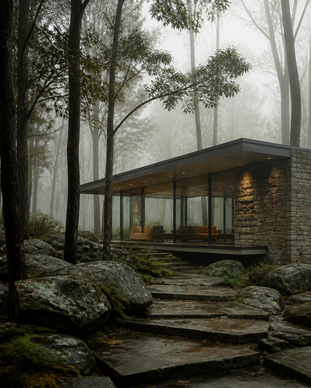 Exterior shot of a stone and glass pavilion in a misty forest
