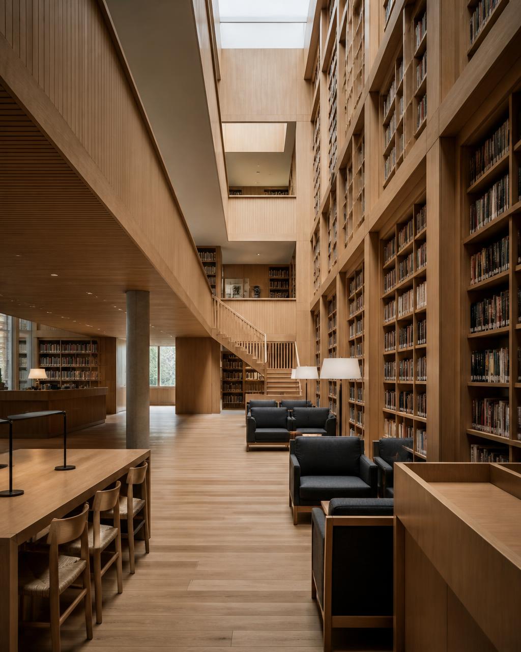 Modernist library interior with massive oak shelving and soft skylights